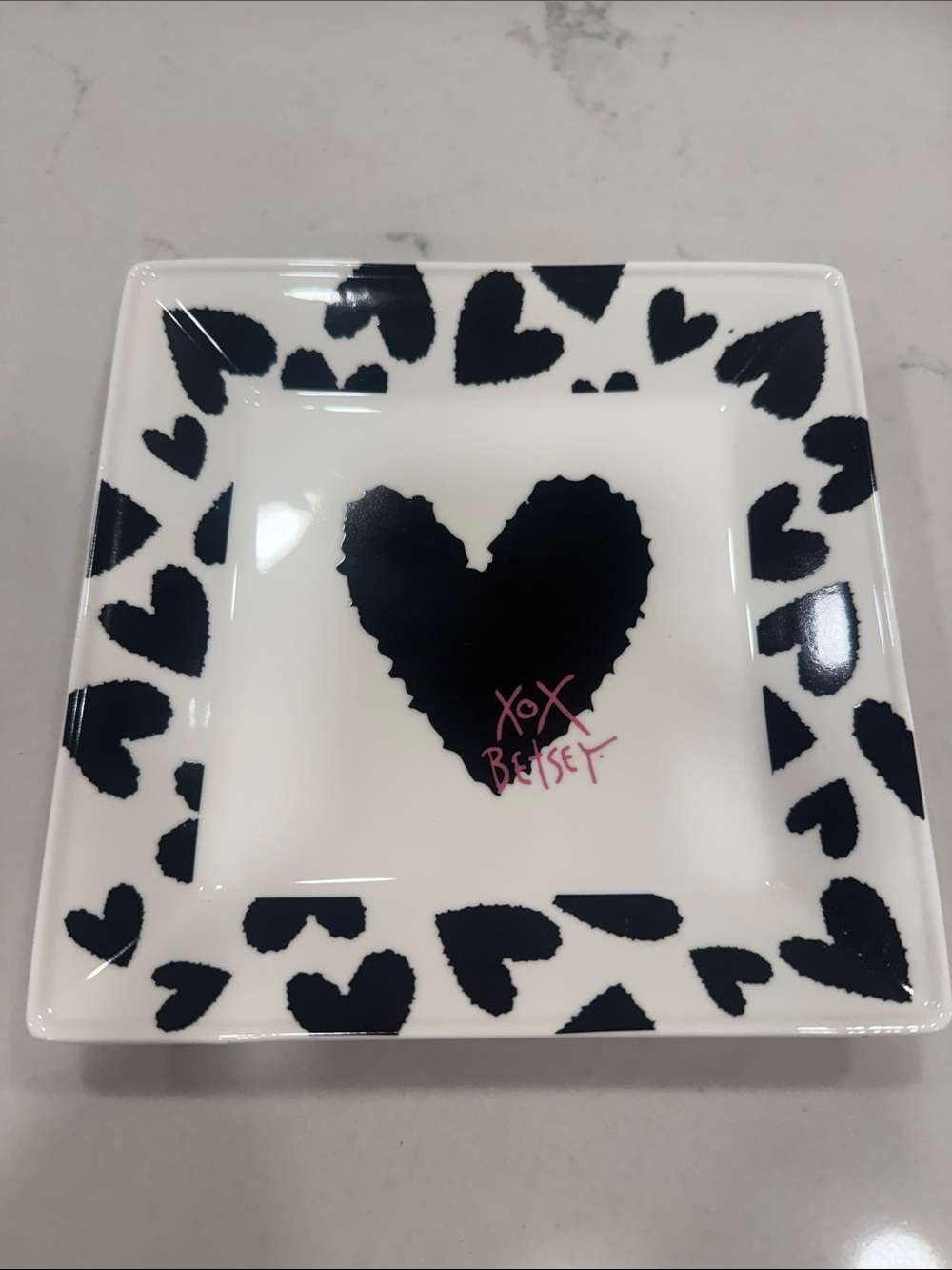 Betsey Johnson White Ceramic Dish with Black Heart and Pink Signature